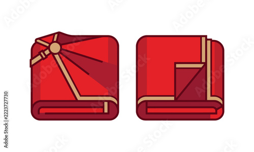 Two red folded blankets with golden trim for comfort or home decor use.