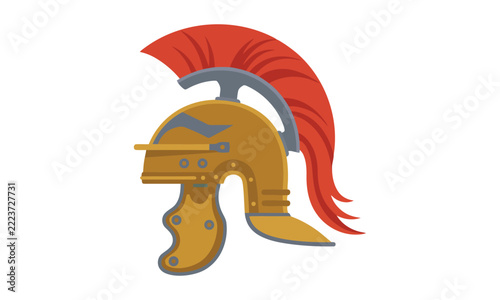 Roman helmet with red plume and gold accents for historical reenactment or costume design.