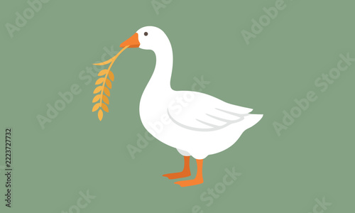 White goose holding golden wheat stalk in beak for agriculture or nature concepts.