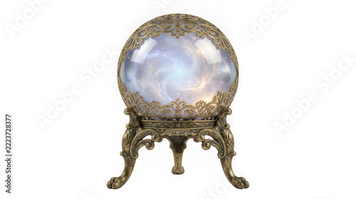 Glowing crystal ball with nebula inside on ornate bronze tripod stand