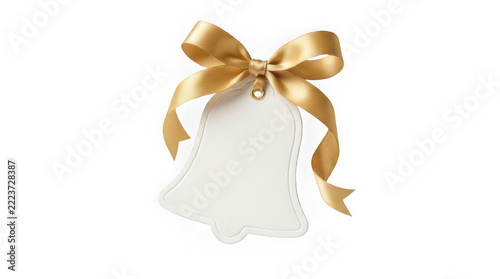 White bell shaped christmas gift tag with gold ribbon isolated on a