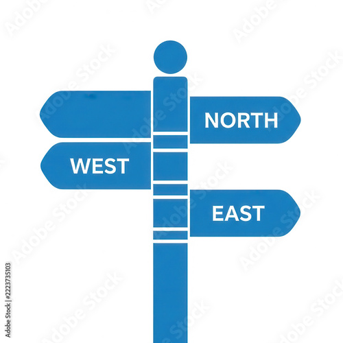 Blue directional road signs with north west east labels