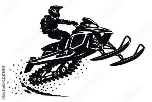 Dynamic snowmobile vector illustration featuring skilled rider jumping high over winter terrain surfaces outdoors