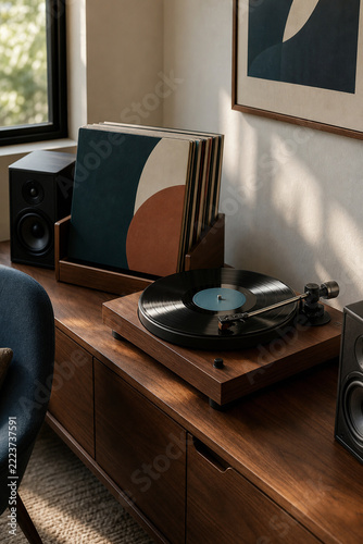 Vinyl record player and analog music collection in a cozy contemporary apartment listening corner for music enthusiasts