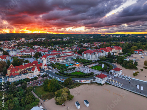Beautiful architecture of Sopot city by the Baltic Sea at sunset, Poland.