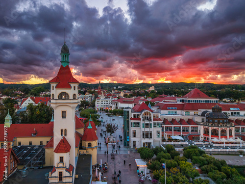 Beautiful architecture of Sopot city by the Baltic Sea at sunset, Poland.