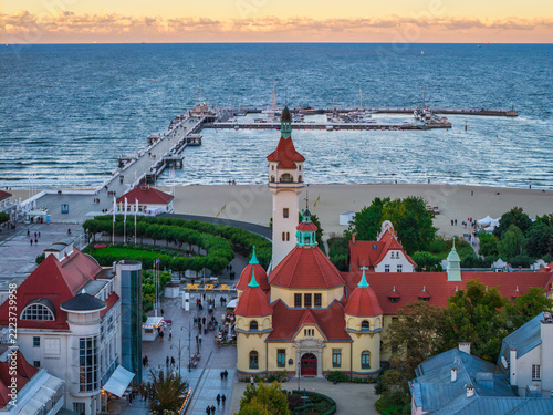 Beautiful architecture of Sopot city by the Baltic Sea at sunset, Poland.
