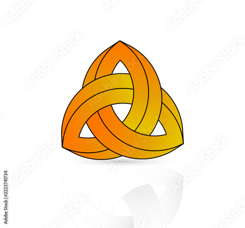 Golden 3D triquetra Celtic knot logo vector illustration, abstract gold orange gradient trefoil impossible shape symbol for luxury branding and modern tech identity