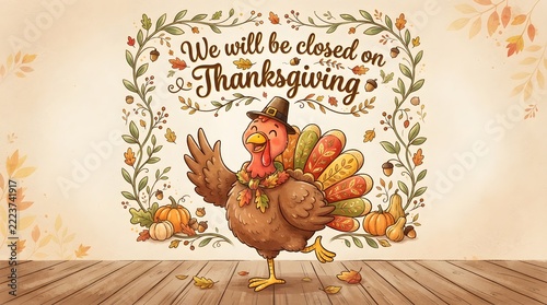 Cartoon turkey bird wearing pilgrim hat announcing business closure on thanksgiving.