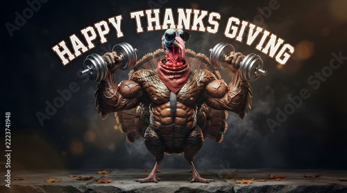 Muscular bodybuilder turkey bird lifting heavy dumbbells for thanksgiving fitness.