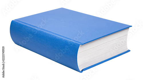 Fotografie Isolated blue hardcover book, showing white pages, with distinct B (1689) text e