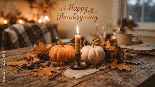 Cozy thanksgiving table setting with pumpkins and lit candle on rustic wooden deck.