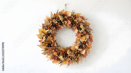 Rustic autumn wreath made of dried leaves and pine cones hanging on white background.