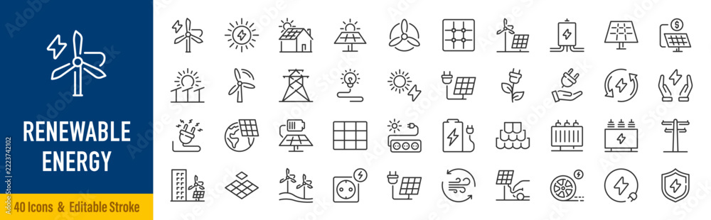 Naklejka premium Renewable energy web icons in line style. Clean energy, solar power, wind power, sustainability, solar panels, wind turbines, energy storage, smart grid, climate, collection. Editable stroke. Vector