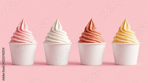 Four cups of colorful soft serve ice cream in white paper bowls