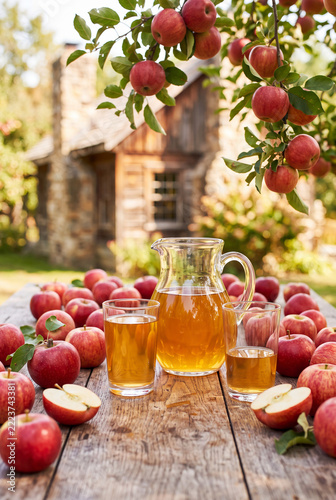 Detail of apples and fresh apple juice in an agricultural setting