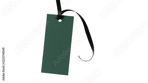 Isolated dark green rectangular hang tag with black ribbon, elegant blank paper label mockup