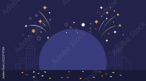 Fotografie New Year celebration podium with city skyline, fireworks and confetti