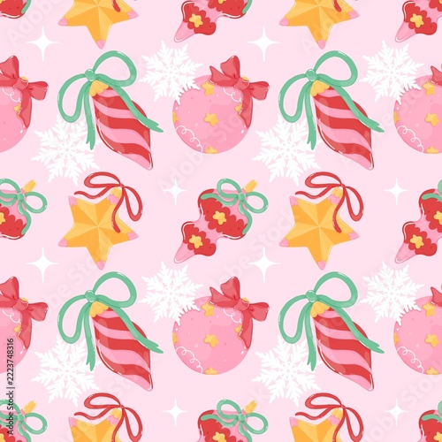 Cute Christmas Seamless Pattern with Baubles, Ornaments, Star and Snowflake