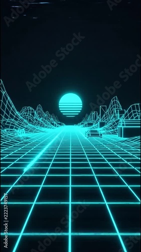 Retro 80s Synthwave Grid Road with Neon Sun and Wireframe Landscape, Cyberpunk Outrun Loop Vertical Video   