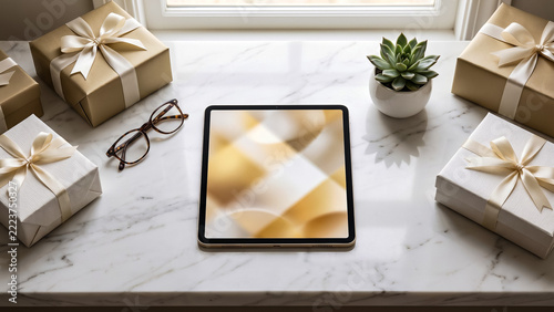 Online Gift Shopping: Tablet with Festive Presents