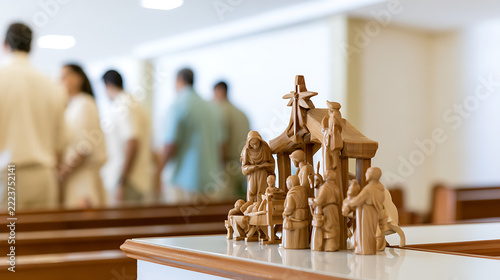 Wooden nativity scene sculpture placed on a church pew with a blurred background showing parishioners gather before the religious service begins