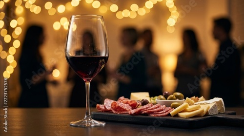Close-up of red wine in a glass on a bar table with a charcuterie board at a cozy wine tasting event.