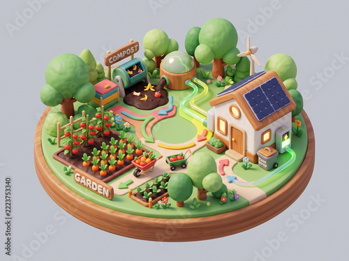 3D Rendered Mini Organic Garden and Composting Ecosystem with Solar House and Wind Energy