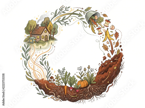 Watercolor Botanical Circle Wreath Illustrating Organic Waste Composting and Sustainable Cycle