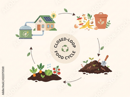 Closed-Loop Food Cycle Diagram with Composting Organic Waste Home Biogas and Garden Crop Harvest