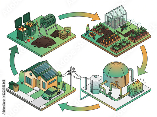 Isometric Closed Loop Sustainable Cycle From Food Waste Composting to Biogas Energy and Garden