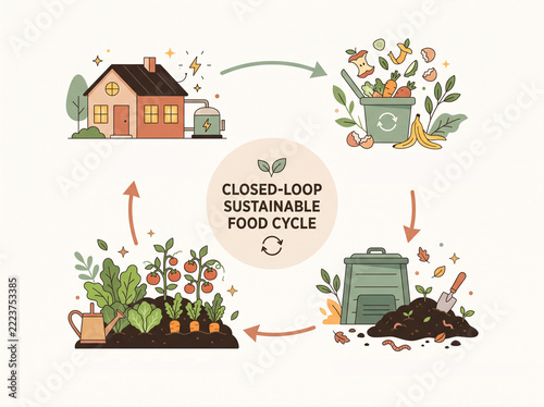 Closed-Loop Sustainable Food Cycle Infographic Showing Composting Bioenergy and Organic Garden