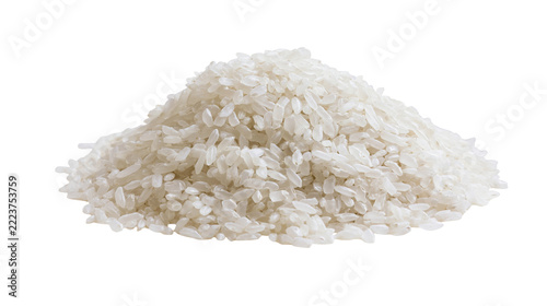 Isolated uncooked white rice grains in a pile, a staple food ingredient for various cuisines