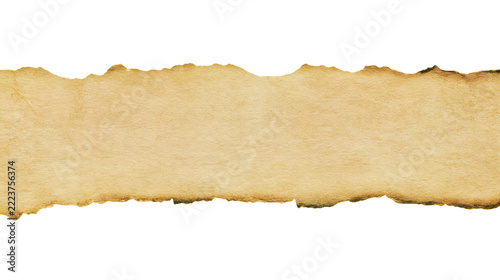 Isolated aged vintage parchment paper strip banner with burnt and torn rough edges