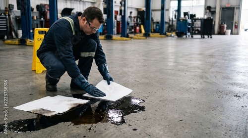 Mechanic Using Absorbent Pads to Clean an Oil Spill in a Workshop