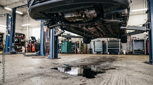 Oil Leaking from a Raised Car onto a Garage Floor