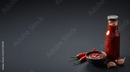 Red Chili Sauce in a Glass Bottle with Peppers and Garlic