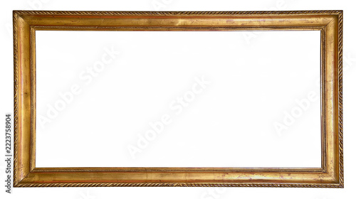 Isolated empty rectangular gold picture frame with classic ornate textured design