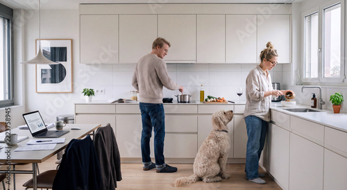 European couple cooking in the kitchen and feeding their dog