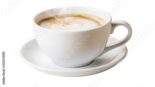 Isolated steaming cappuccino drink with beautiful creamy latte art design on top