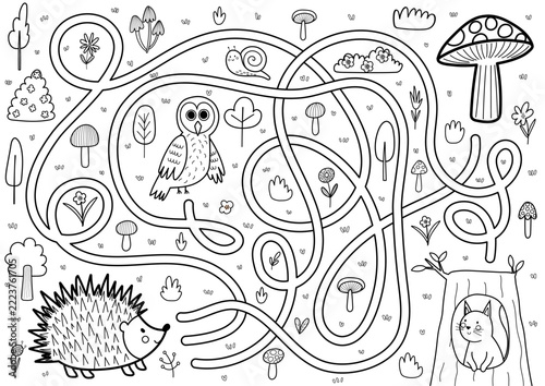 Help the hedgehog find the way to the mushroom. Black and white maze for kids to color. Forest coloring page with cute woodland animals. Vector illustration
