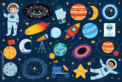 Cute space collection with astronauts, planets, black holes, comet, rocket and rover. Adorable cosmic characters set for kids. Vector illustration