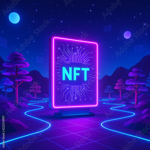 Glowing nft card stands within purple neon virtual landscape