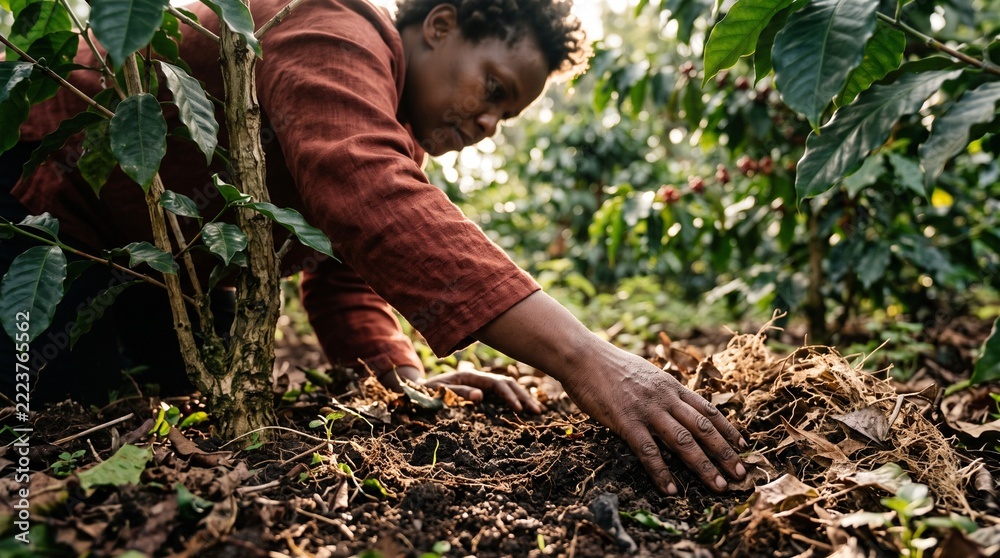Fototapeta premium Grower enriches coffee soil with compost and mulch