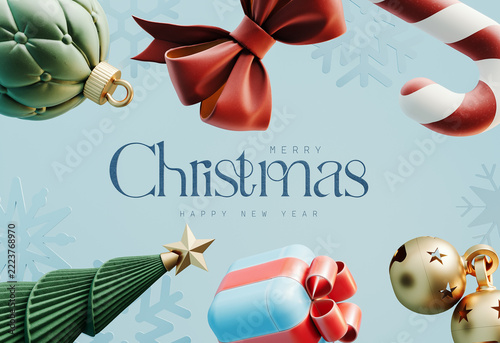 Christmas decoration with Merry Christmas text on blue background. Creative Christmas greeting card design. 3D Rendering, 3D Illustration