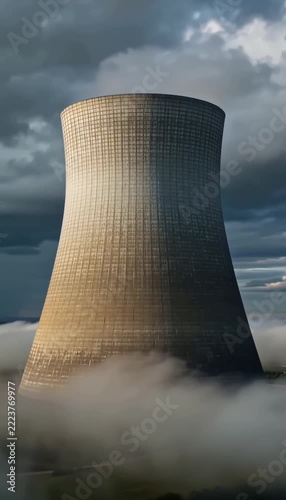 Large industrial cooling tower of a nuclear power plant rising above