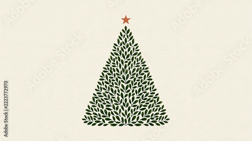 Minimal Scandinavian Christmas tree design with green leaves and terracotta star on clean white background Generative AI