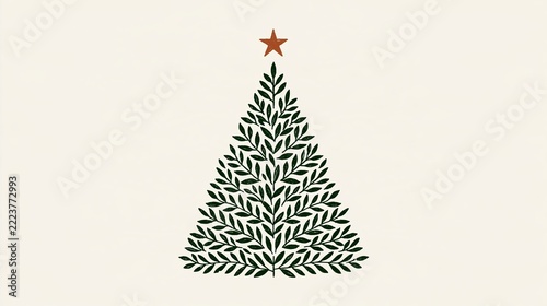 Minimal Scandinavian design featuring a Christmas tree made of green leaves on a warm white background with a terracotta star Generative AI