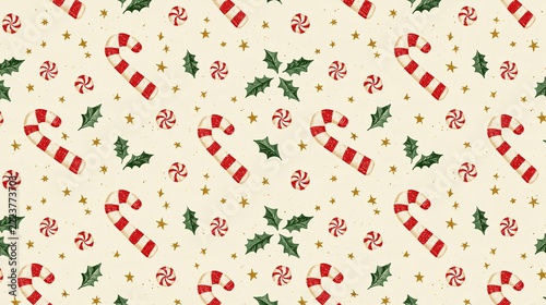 Seamless Christmas wrapping paper design with candy canes and peppermint swirls on a cream background Generative AI
