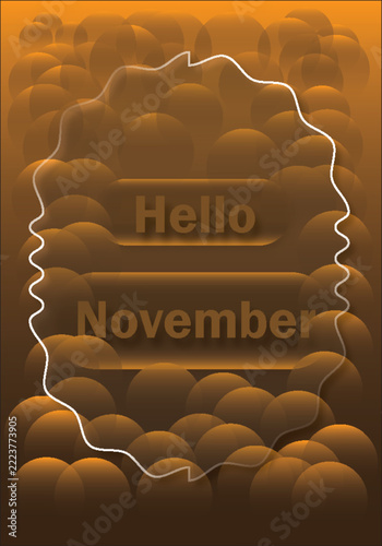 Hello november greeting card with abstract golden bokeh circles background and decorative wavy frame.
